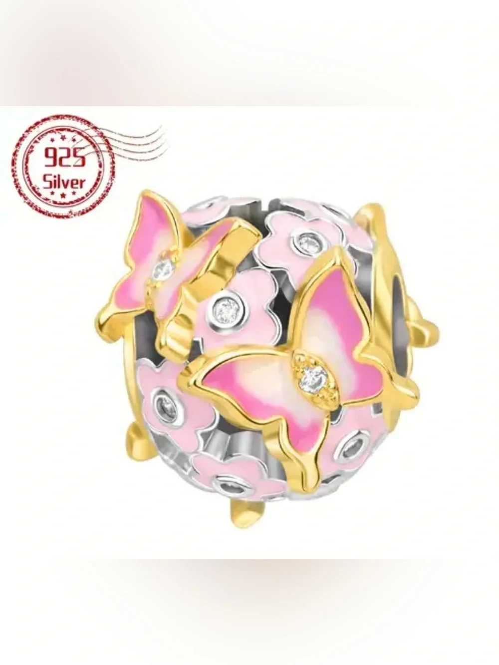 🦋 925 Pink Butterfly & Floral Charm | Gold Tone Accents | CZ | Sterling Silver